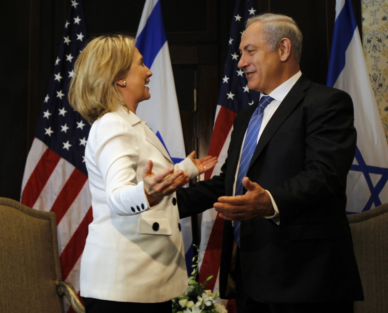 Clinton and Netanyahu greet each other in Sharm el-Sheikh, Egypt, on September 14, 2010, during a second round of Middle East peace talks.