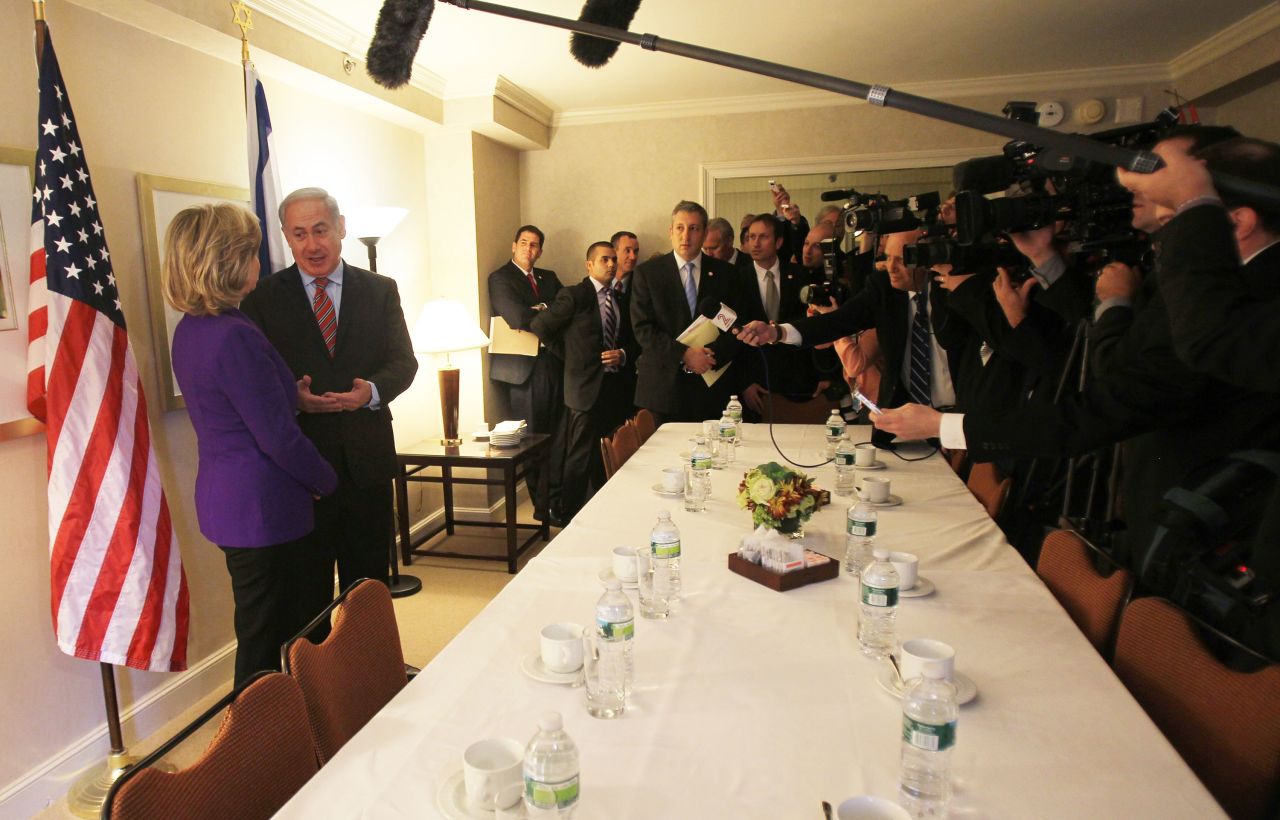 Netanyahu and Clinton speak with the media prior to a meeting in New York on November 11, 2010. <br /><br />Clinton vowed to find a "way forward" on the stalled Middle East peace process as they began their meeting.