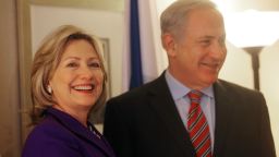Israeli Prime Minister Benjamin Netanyahu (R) and U.S. Secretary of State Hillary Rodham Clinton speak with the media prior to their meeting November 11, 2010 in New York City. The two were expected to discuss the rift over settlements in Arab East Jerusalem and other Mideast peace issues. 