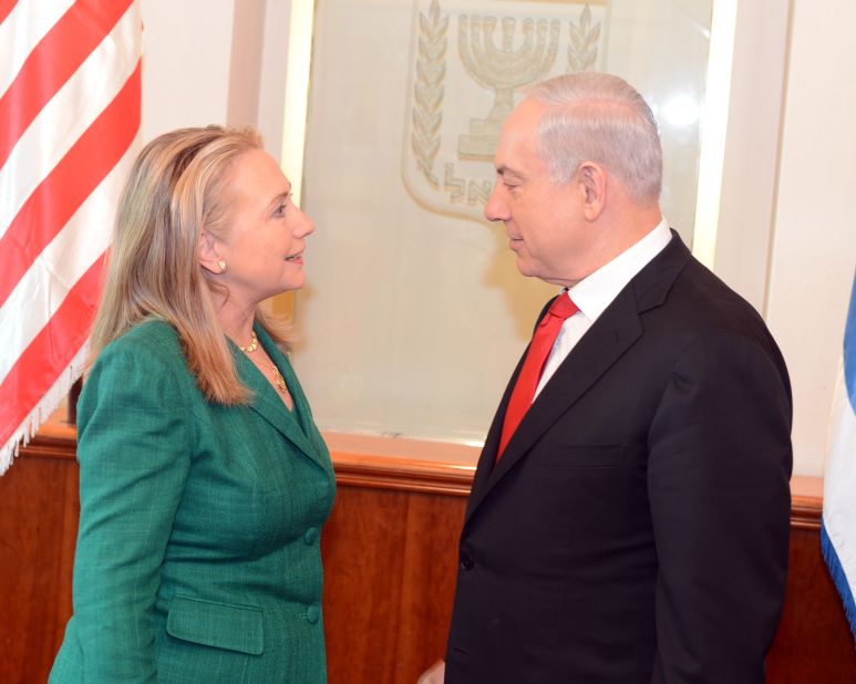 Then-U.S. Secretary of State Hillary Clinton meets with Israeli Prime Minister Benjamin Netanyahu in Jerusalem on November 21, 2012.<br /><br />Clinton had joined international efforts to broker a ceasefire amid Israeli airstrikes and Hamas rocket attacks.