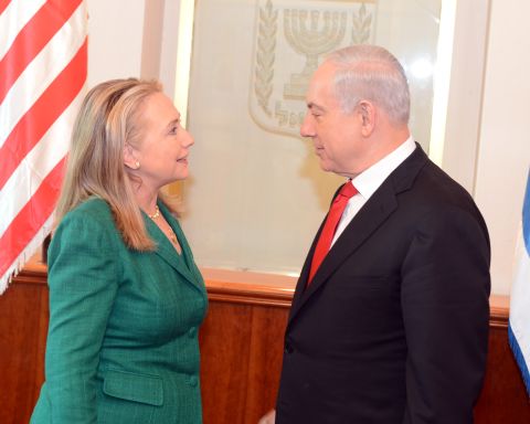 Then-U.S. Secretary of State Hillary Clinton meets with Israeli Prime Minister Benjamin Netanyahu in Jerusalem on November 21, 2012.<br /><br />Clinton had joined international efforts to broker a ceasefire amid Israeli airstrikes and Hamas rocket attacks.
