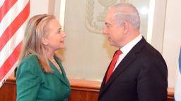 In this handout provided by U.S. Embassy Tel Aviv, U.S. Secretary of State Hillary Clinton meets with Israel's Prime Minister Benjamin Netanyahu (R) on November 21, 2012 in Jerusalem, Israel. Hillary Clinton has joined International efforts to broker a ceasefire amid continued Israeli air strikes and Hamas rocket attacks from Gaza.