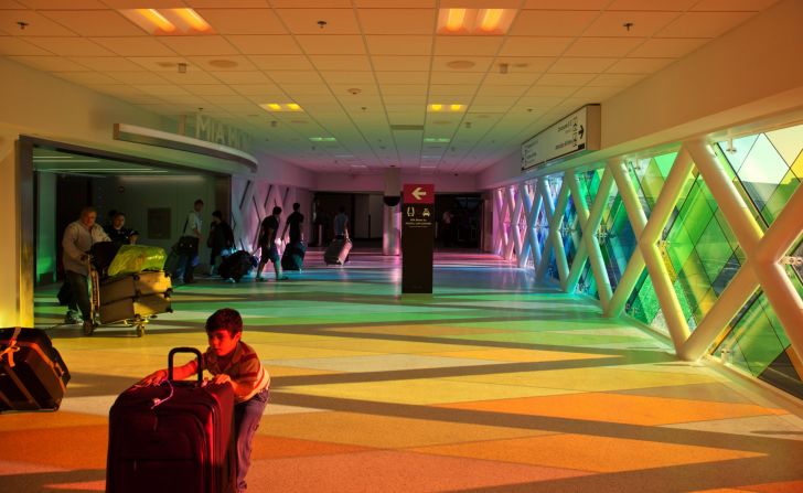 Artist Christopher Janney -- who trained as an architect and jazz musician -- has created this musical, interactive installation at Miami International. The installation changes colors gradually, and travelers that approach are serenaded with sounds Janney recorded of his trips to the Florida Everglades. 