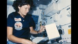 NASA astronaut Sally Ride (1951 - 2012) in the interior of the Challenger space shuttle during the STS-41-G mission, October 1984. In 1983 she became the first American woman in space on the STS-7 mission. (Photo by Space Frontiers/Getty Images)
