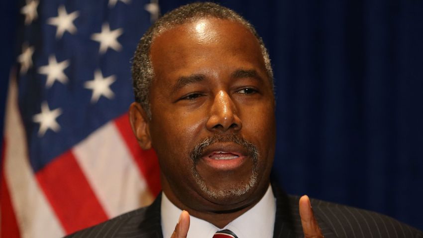 PALM BEACH GARDENS, FL - NOVEMBER 06:  Republican presidential candidate Ben Carson speaks to the media before speaking at a gala for the Black Republican Caucus of South Florida at PGA National Resort on November 6, 2015 in Palm Beach, Florida. Mr. Carson has come under media scrutiny for possibly exaggerating his background and other statements he has made recently.  (Photo by Joe Raedle/Getty Images)