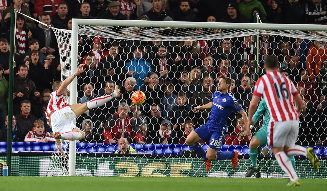 Austrian striker Marko Arnautovic scores Stoke's winner against Chelsea.