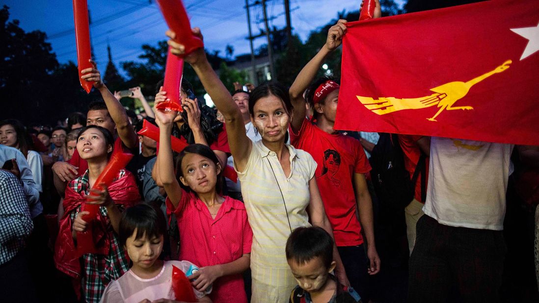 People rally outside the National League for Democracy office after Myanmar's first free and fair election in 25 years on November 8 in Yangon. 