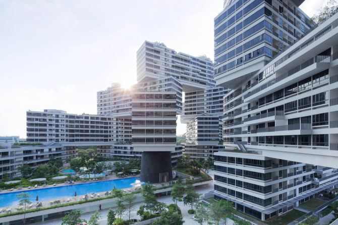 Although it's also called a "vertical village," the Interlace stretches horizontally with 31 apartment blocks, each six stories tall and 70 meters long. Such design is seen as a radical move away from the "clusters of isolated towers" that is typical of housing in the region.