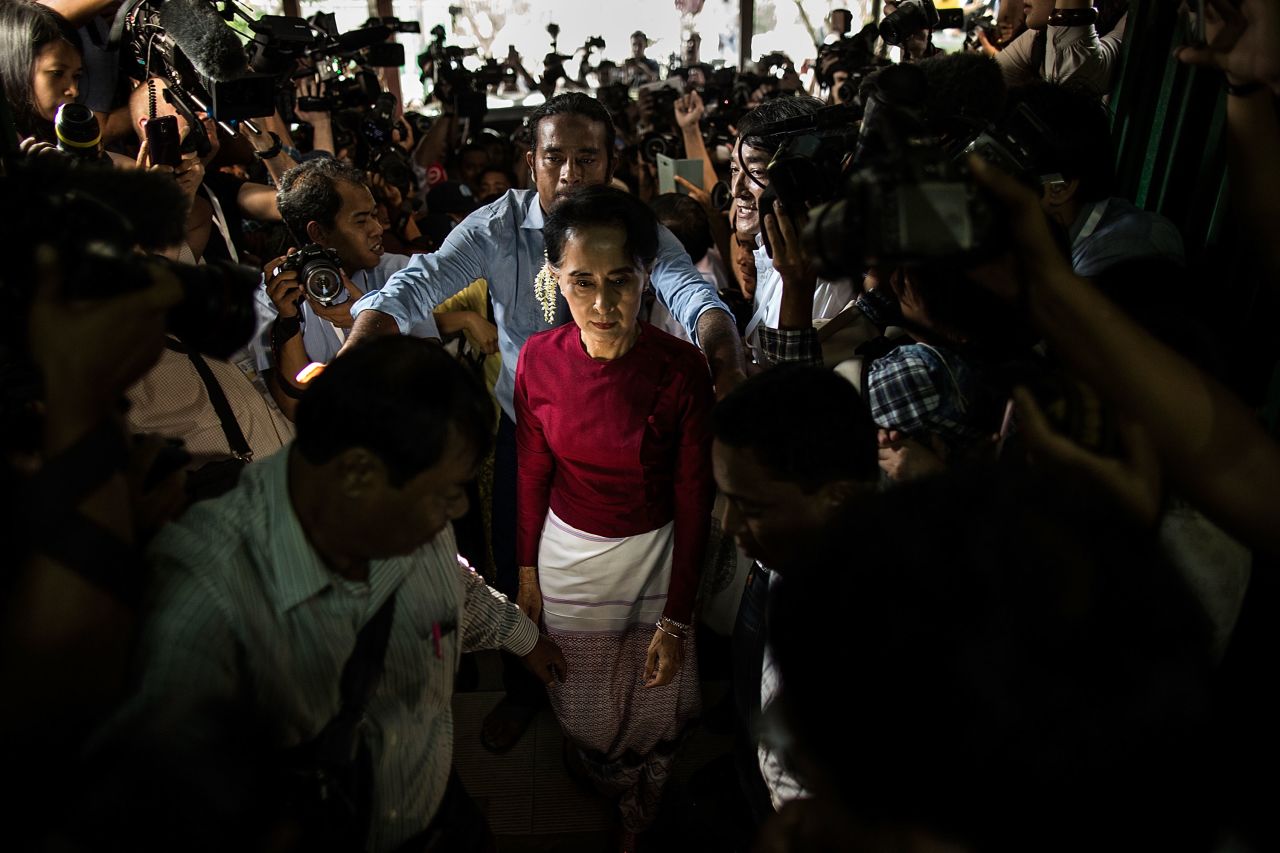 Suu Kyi arrives at a polling station to cast her vote in 2015. Her party won a historic majority in the nation's first freely held parliamentary elections. Suu Kyi was not able to become president, however, because of a constitutional amendment that prohibits anyone with foreign relatives from becoming the nation's leader. She was later named state counselor, a role created especially for her.