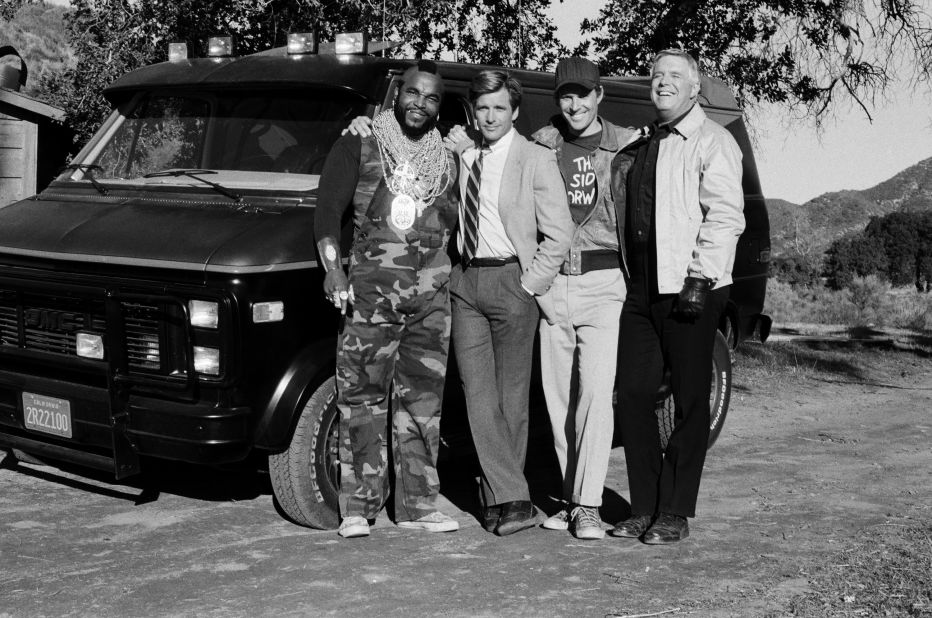 The "A-Team" television series ran from 1983 to 1987. It also starred Liam Neeson and Bradley Cooper in a 2010 remake. Above is an image from Episode 17 of the original series. The actors are posing with the black and gray GMC Vandura used by the team. 