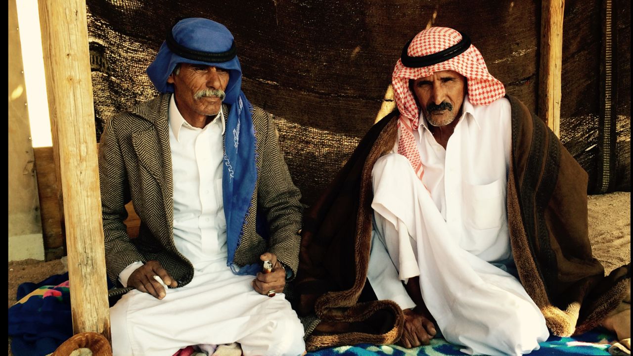 Sulieman El Meharwel of the Mesaied tribe, left, and Sulieman Abu Swailam of the Huwaitat tribe meet with other tribal leaders in Sinai.