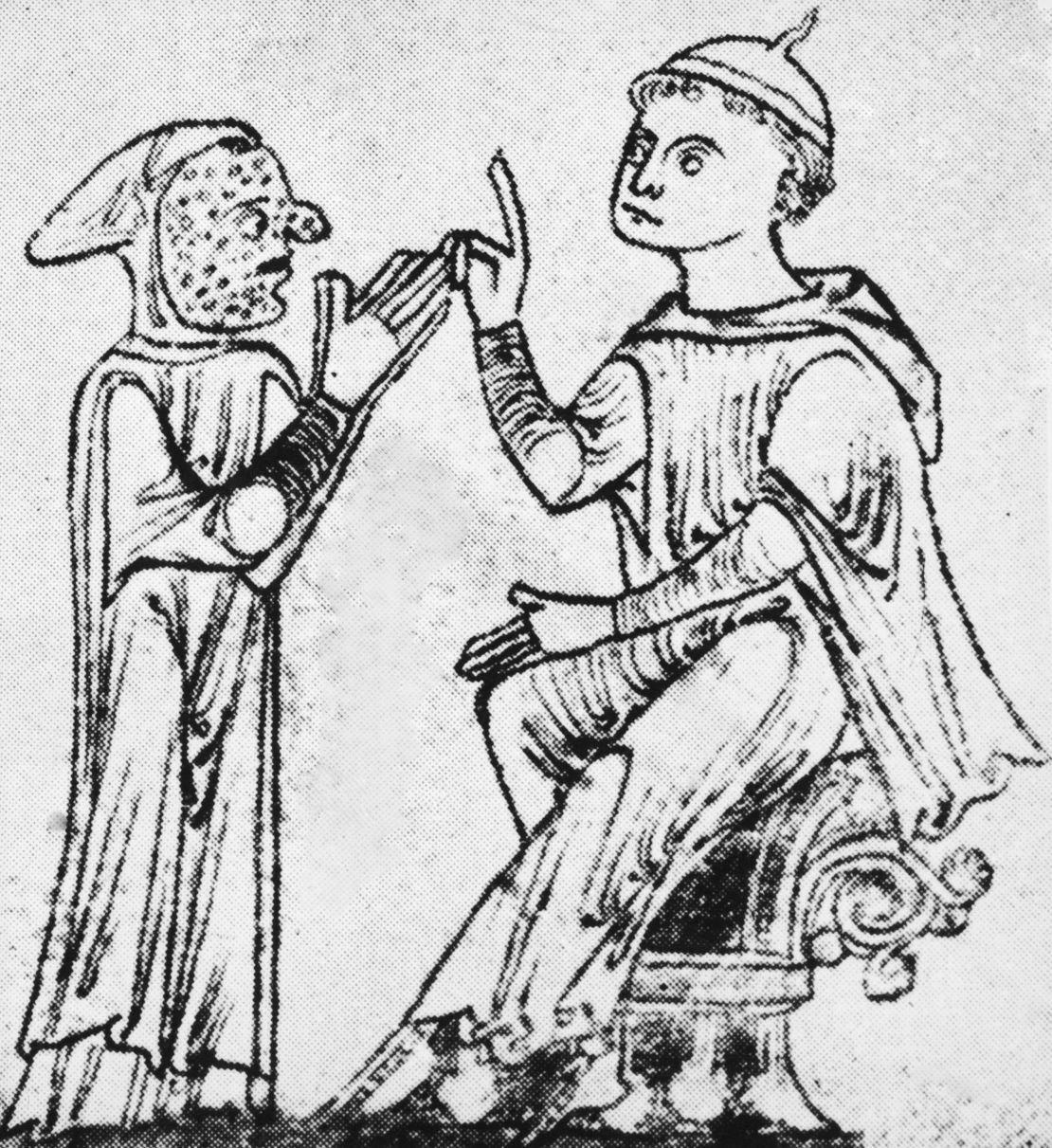 Circa 1200, a leper covered in sores approaches a man, making a gesture of supplication.