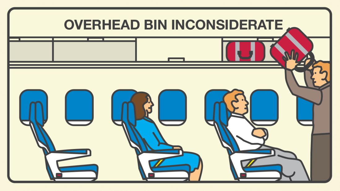 The inconsiderate overhead bin user stows his bag in the first available spot. That kind of behavior annoys 32% of fliers.
