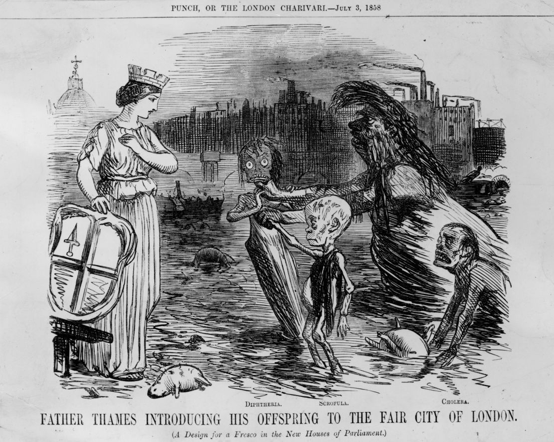 1858: A satirical cartoon showing the River Thames and its offspring cholera, scrofula and diphtheria.