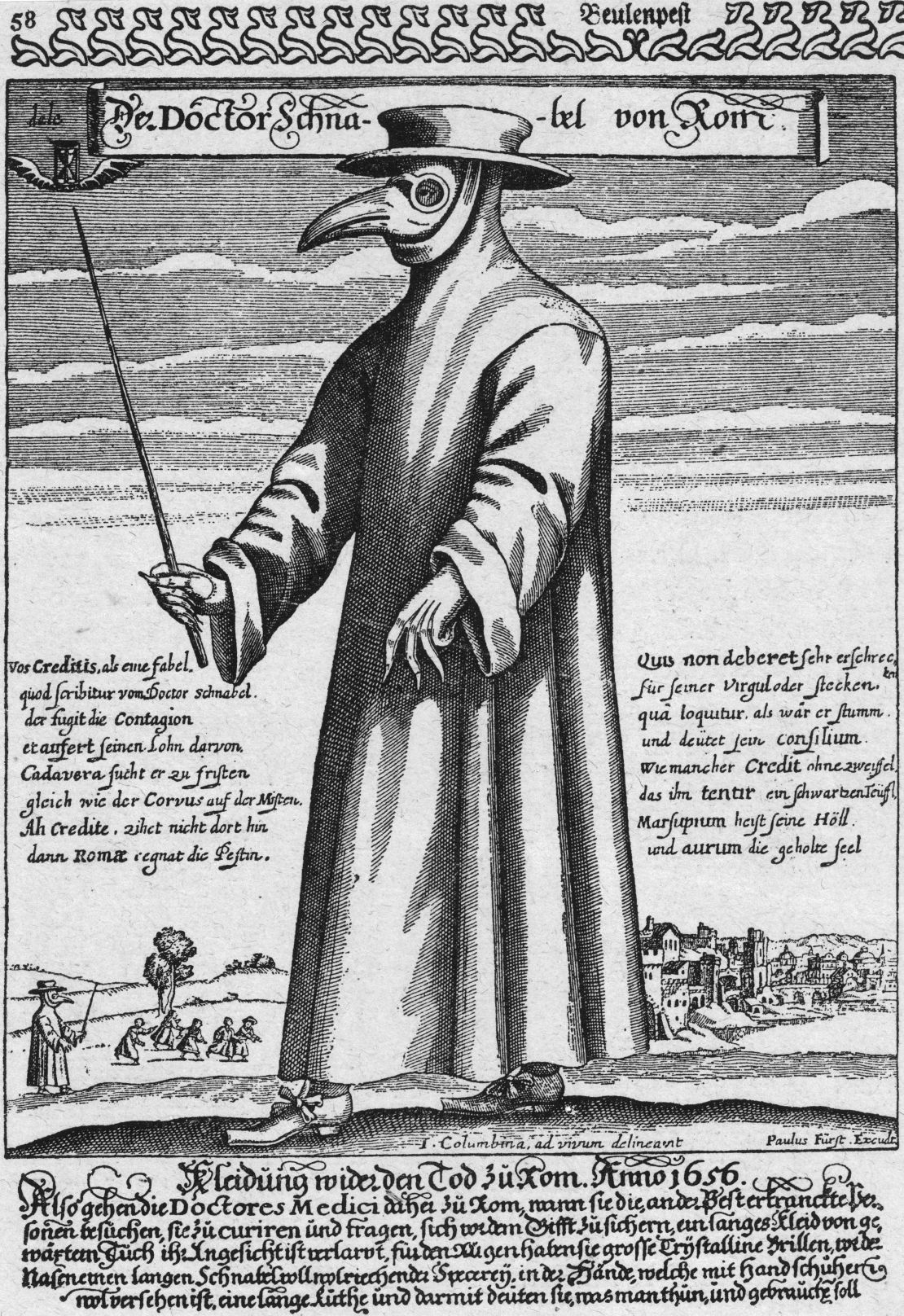 Circa 1656, a plague doctor in protective clothing. 