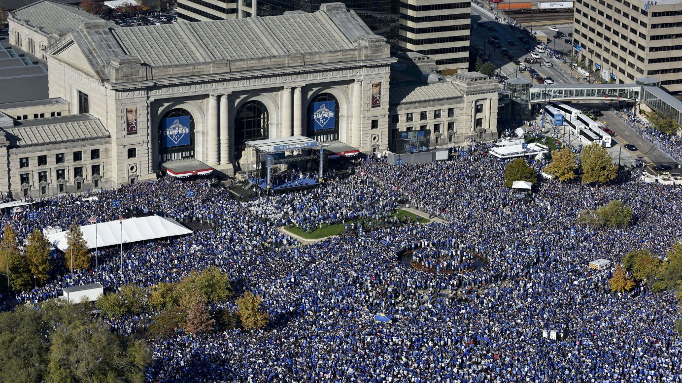 Fans of the Kansas City Royals gather for the team's <a href="http://bleacherreport.com/articles/2585716-royals-parade-2015-twitter-reaction-photos-videos-gifs-and-more" target="_blank" target="_blank">victory parade</a> Tuesday, November 3, in Kansas City, Missouri. The Royals defeated the New York Mets to win their first World Series since 1985.