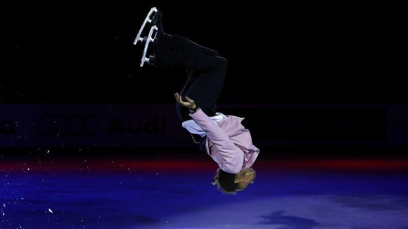 Canadian figure skater Elladj Balde performs during an exhibition event in Beijing on Sunday, November 8.