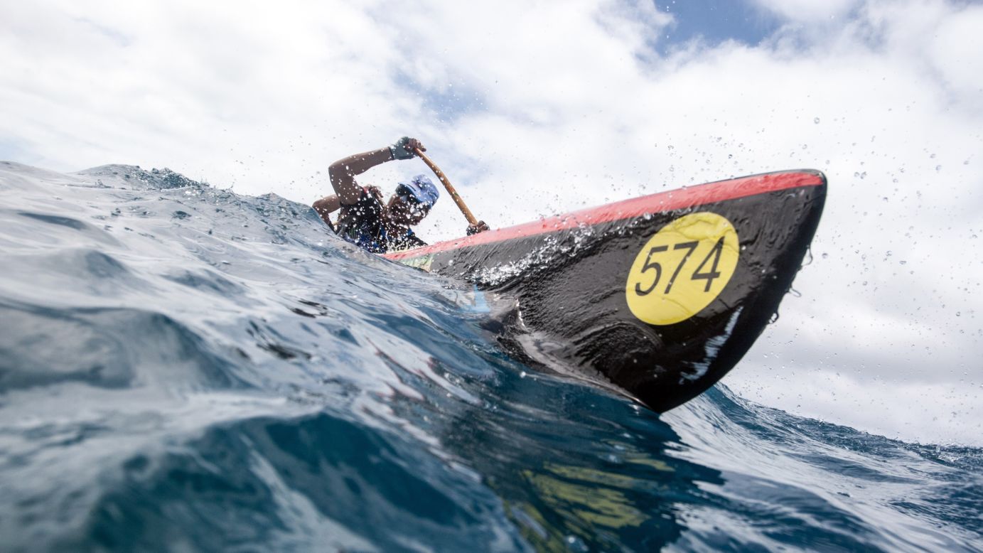Canoeists compete in the second leg of the annual Hawaiki Nui Va'a race, in French Polynesia, on Thursday, November 5.