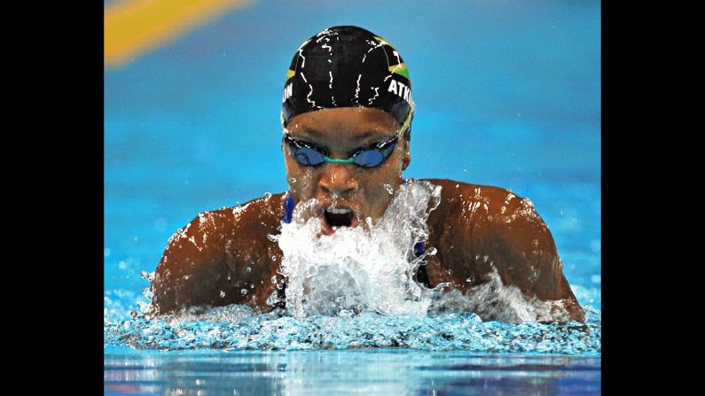 Jamaican swimmer Alia Shanee Atkinson competes in the 100-meter breaststroke Friday, November 6, at the Swimming World Cup event in Dubai, United Arab Emirates. She finished first in the event.