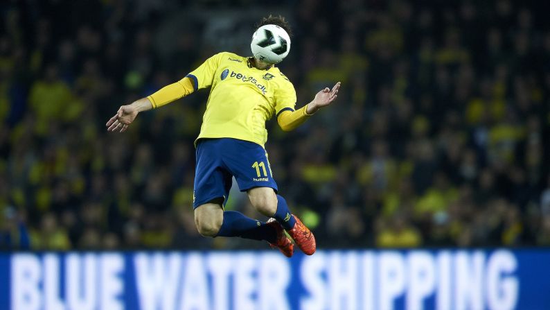 The ball obscures the face of Brondby striker Johan Elmander in this photo taken Sunday, November 8, in Brondby, Denmark.