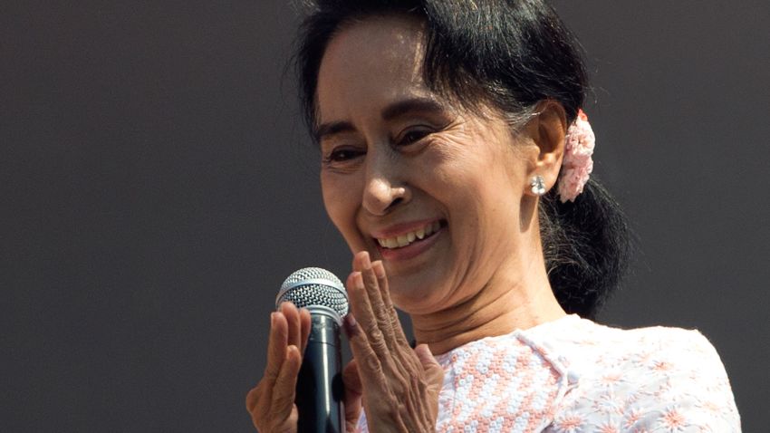 Leader of the National League for Democracy party Aung San Suu Kyi delivers a speech from a balcony of the NLD headquarters in Yangon on November 9.