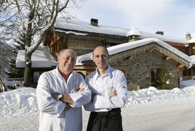 French chefs Rene Meilleur (left) and his son Maxime pose in front of <a href="index.php?page=&url=http%3A%2F%2Fwww.la-bouitte.com%2Fen%2F" target="_blank" target="_blank">La Bouitte</a>, in Saint-Martin-de-Belleville in the French Alps. Their restaurant won three stars in the 2015 Michelin Guide, making it one of the best in the world.