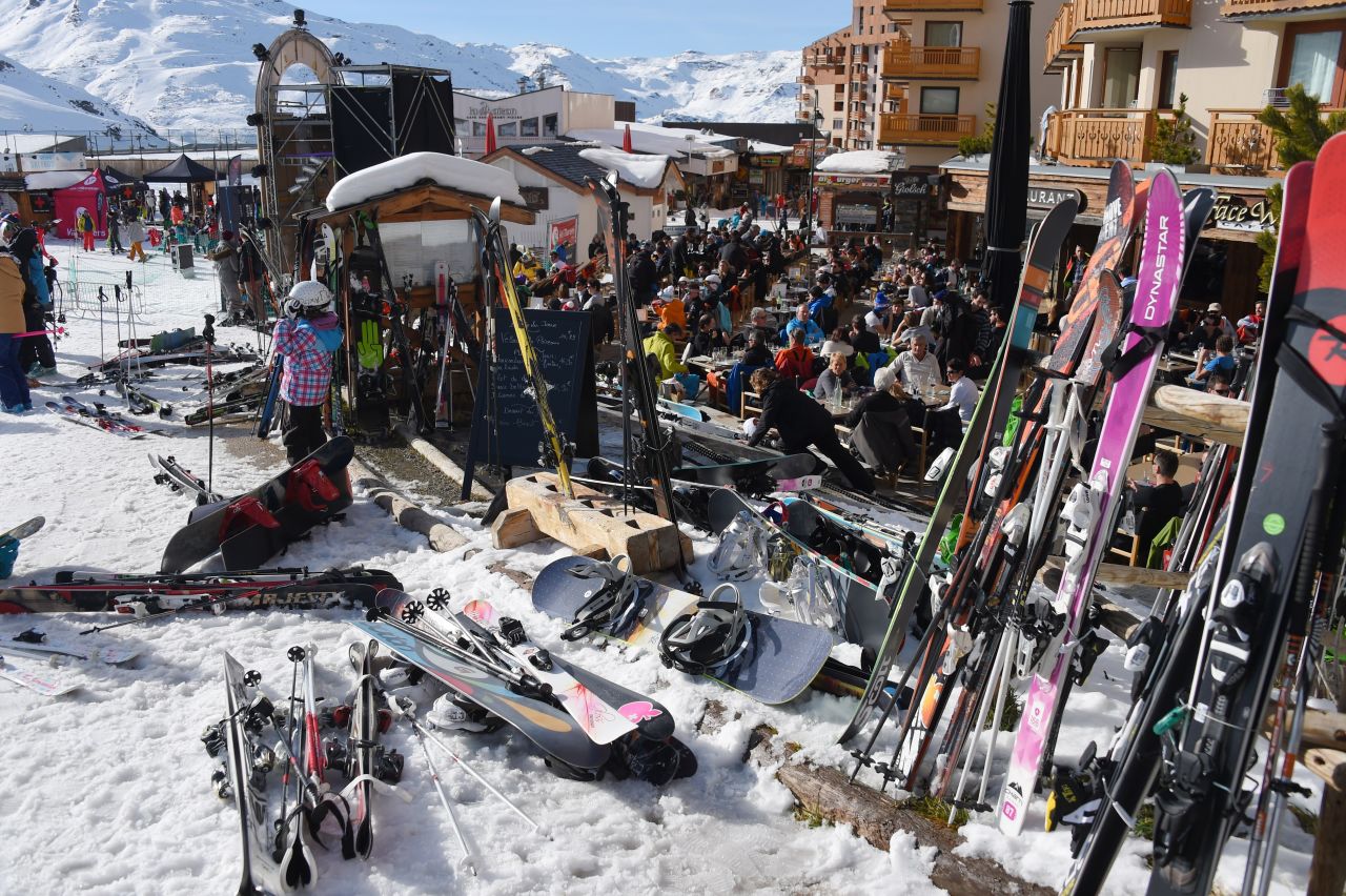 A throng of skiers take a break at a restaurant at the Val Thorens ski resort in the French Alps.