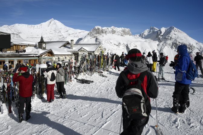 Skiers approach La Folie Douce, which offers a range of local cheeses and fine French wines.