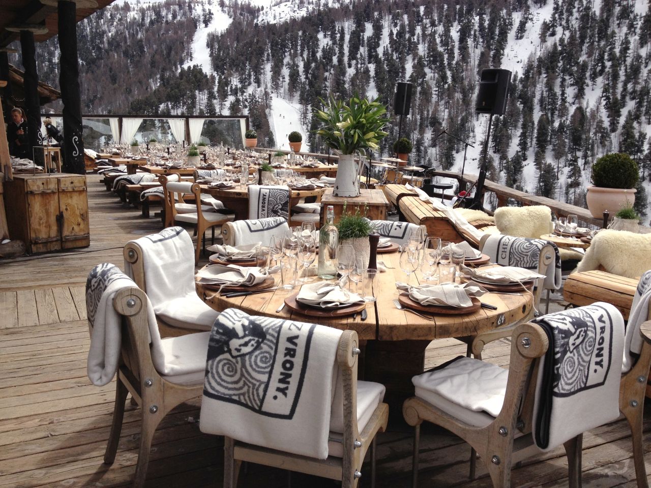 Mountain slopes surround the roomy Chez Vrony terrace -- an ideal place to try the restaurant's warming Bloody Mary soup.