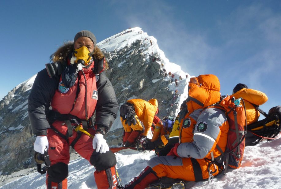 Everest is the tallest mountain in the world, at 8,847 meters above sea level. Low oxygen at that altitude pushes human endurance to its limits. Pictured, Sherpa mountaineer Pemba Dorje Sherpa and others on Everest, 2009.