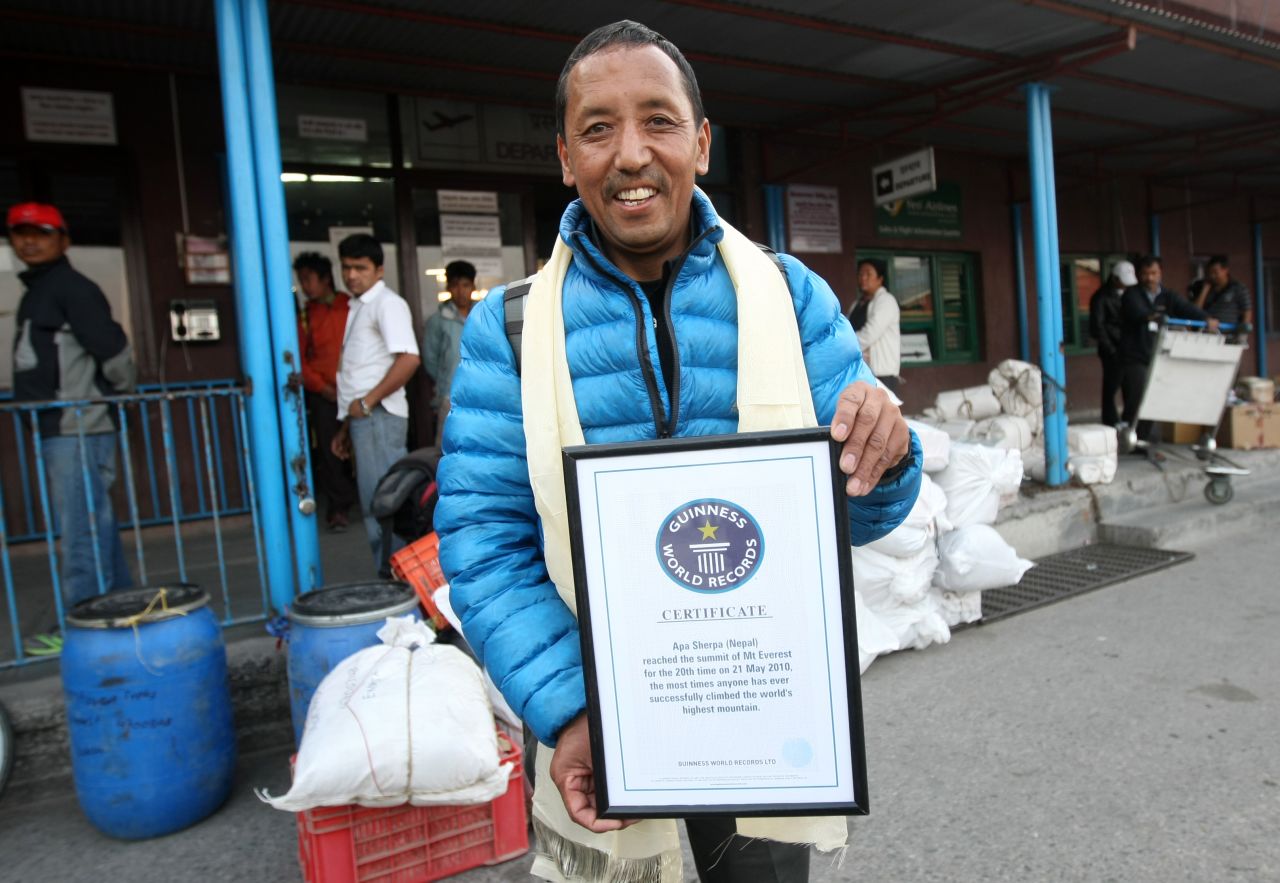 Nepalese climber Apa Sherpa is the joint world record for most successful climbs of Mount Everest with 21 ascents. Another Sherpa, Phurba Tashi, is the other joint record holder.