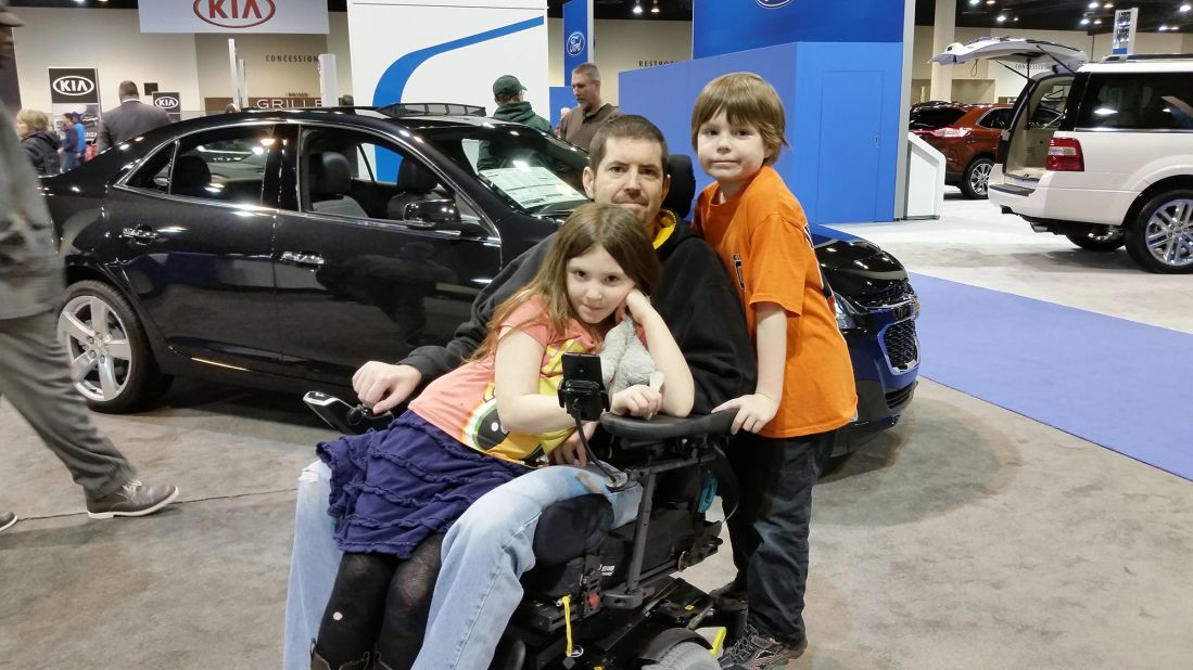 Masters, 40, poses in February 2015 with daughter Sabrina, 7, and son Radley, 9.  "I'm lucky," he says. "Even though I'm wheelchair-bound and my arms don't work and my legs are almost to the point where they don't work, relative to ALS, I'm in great shape. For me, It's been very slow, more of a creepy crawly thing. I'm very thankful."