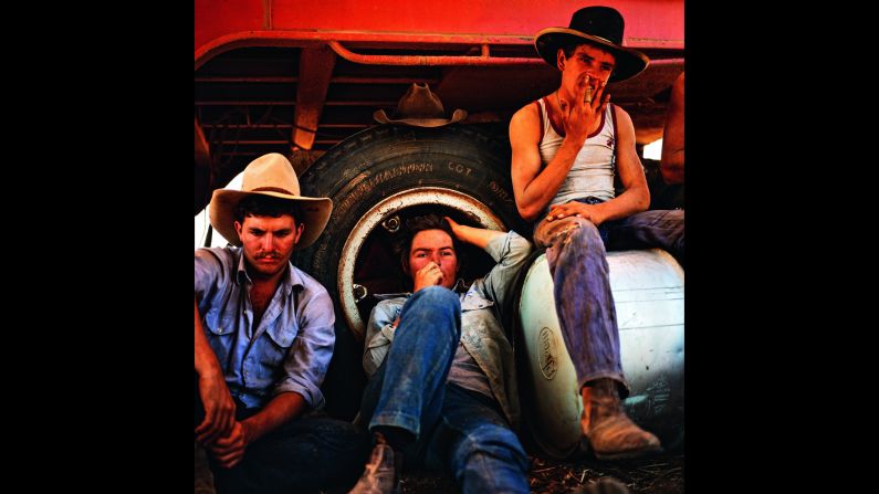 Jackaroos and jillaroos are young people who work on a sheep or cattle station to gain experience. Here, jackaroo Malcolm Chillmon, 20, from Chippendale, New South Wales; jillaroo Susan Gilmore of Brisbane,  Queensland; and stationhand Mark Ashlin of Gulgung, New South Wales, rest in the shade of a station at Victoria River Downs, Northern Territory.