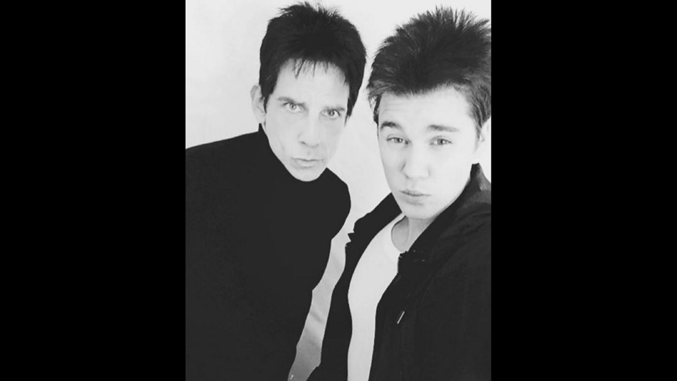 Actor Ben Stiller, in character as Derek Zoolander, <a href="https://www.instagram.com/p/93yTMOHMPA/" target="_blank" target="_blank">takes a selfie</a> with pop star Justin Bieber, right, on Monday, November 9. He added the hashtags "twinsies," "bluesteel" and "purpose" on Instagram. Bieber is listed as part of the cast for the upcoming "Zoolander" sequel.