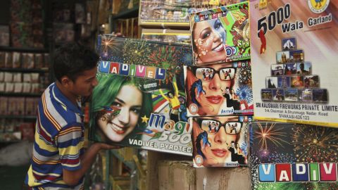 Packets of firecrackers are arranged at a shop in Jammu, India, on November 10. 