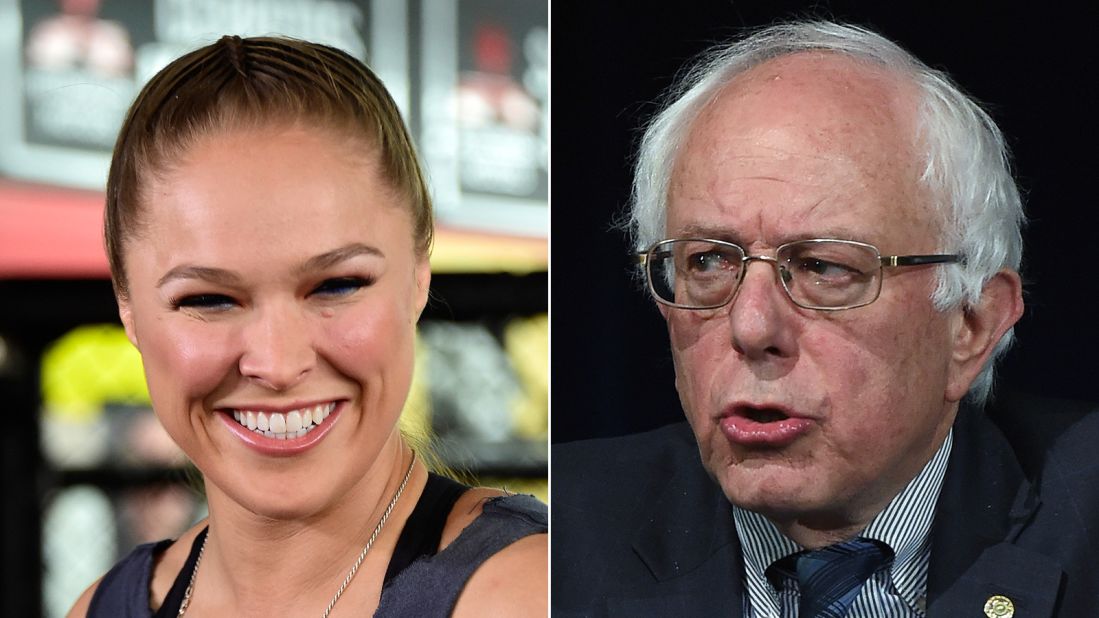 UFC champion Ronda Rousey endorsed Sanders for president.<br /><br />"I'm voting for Bernie Sanders, because he doesn't take any corporate money," <a href="http://www.cnn.com/2015/11/10/politics/bernie-sanders-ronda-rousey-endorsement/" target="_blank">Rousey told Maxim magazine.</a> "I don't think politicians should be allowed to take money for their campaigns from outside interests."