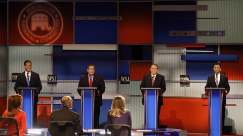 Four of the lower-polling Republican candidates had a separate debate earlier in the evening. From left are former U.S. Sen. Rick Santorum, New Jersey Gov. Chris Christie, former Arkansas Gov. Mike Huckabee and Louisiana Gov. Bobby Jindal.