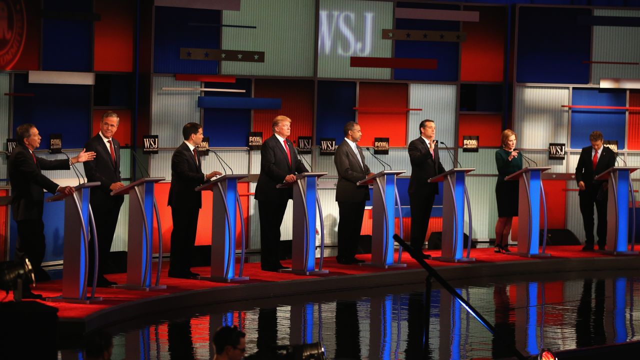 MILWAUKEE, WI - NOVEMBER 10:  Presidential candidates Ohio Governor John Kasich (L-R) speaks while Jeb Bush, Sen. Marco Rubio (R-FL), Donald Trump, Ben Carson, Ted Cruz (R-TX), Carly Fiorina, and Sen. Rand Paul (R-KY) take part in the Republican Presidential Debate sponsored by Fox Business and the Wall Street Journal at the Milwaukee Theatre November 10, 2015 in Milwaukee, Wisconsin. The fourth Republican debate is held in two parts, one main debate for the top eight candidates, and another for four other candidates lower in the current polls.  (Photo by Scott Olson/Getty Images)