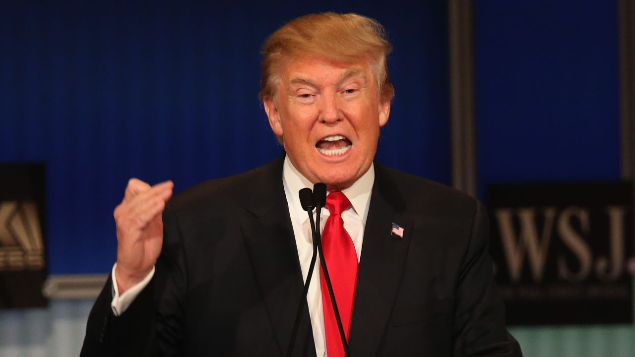 MILWAUKEE, WI - NOVEMBER 10:  Presidential candidate Donald Trump speaks during the Republican Presidential Debate sponsored by Fox Business and the Wall Street Journal at the Milwaukee Theatre November 10, 2015 in Milwaukee, Wisconsin. The fourth Republican debate is held in two parts, one main debate for the top eight candidates, and another for four other candidates lower in the current polls.  (Photo by Scott Olson/Getty Images)