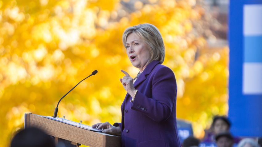 Democratic presidential candidate Hillary Clinton speaks on stage during a rally after filing paperwork for the New Hampshire primary at the State House on November 9, 2015 in Concord, New Hampshire.