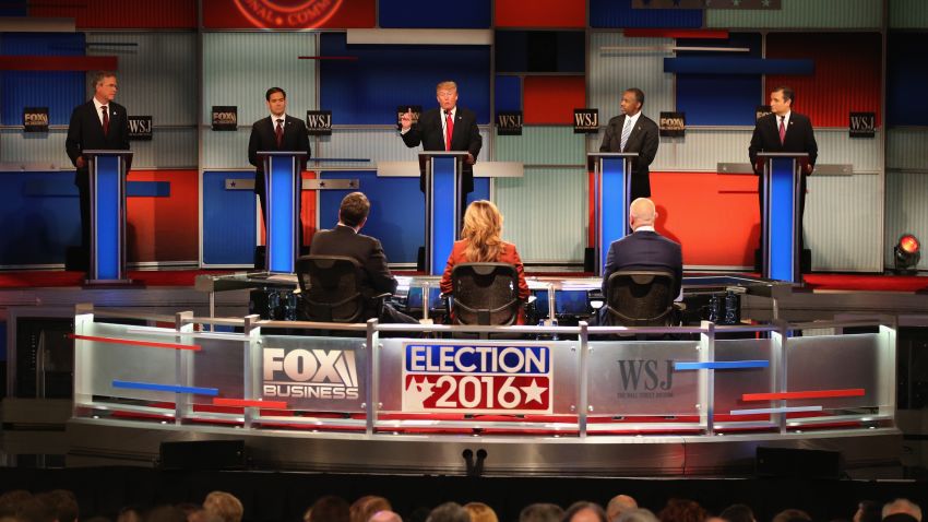 MILWAUKEE, WI - NOVEMBER 10:  Presidential candidate Donald Trump (3th L) speaks while Jeb Bush, Sen. Marco Rubio (R-FL), Ben Carson, and Ted Cruz (R-TX)  take part in the Republican Presidential Debate sponsored by Fox Business and the Wall Street Journal at the Milwaukee Theatre November 10, 2015 in Milwaukee, Wisconsin. The fourth Republican debate is held in two parts, one main debate for the top eight candidates, and another for four other candidates lower in the current polls.  (Photo by Scott Olson/Getty Images)