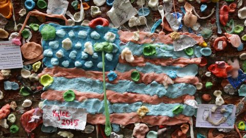 A United States flag made from pieces of gum is one decoration that will come off the wall.