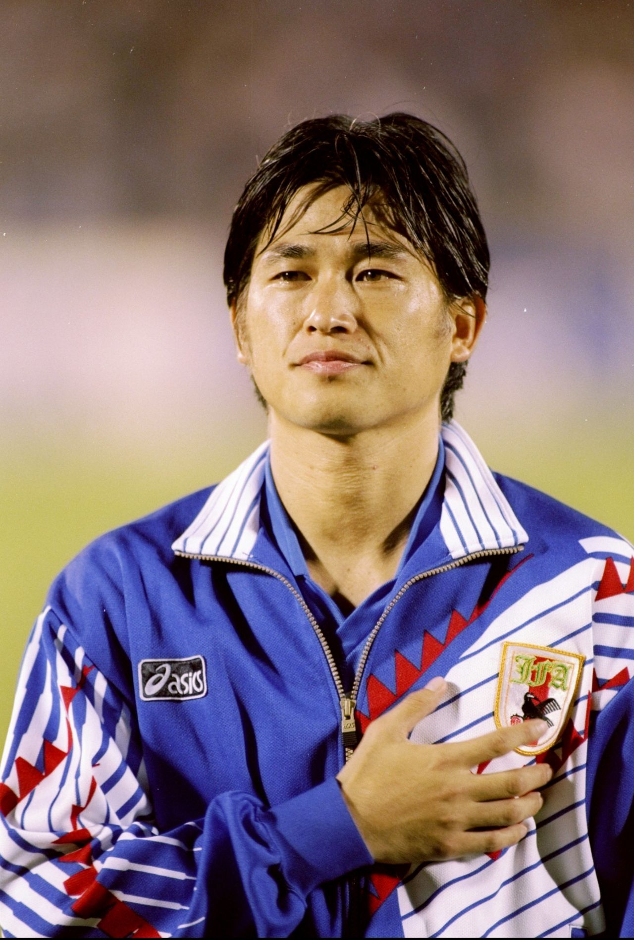 Here is a fresh-faced 27-year-old "King Kazu" lining up for Japan before a game against Malaysia at  the Asian Games in 1994. 