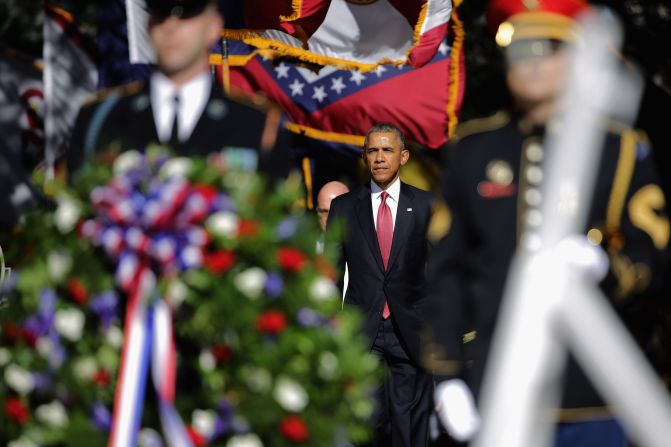 President Barack Obama participates in a full honor wreath-laying ceremony at the Tomb of the Unknown Soldier in Arlington.