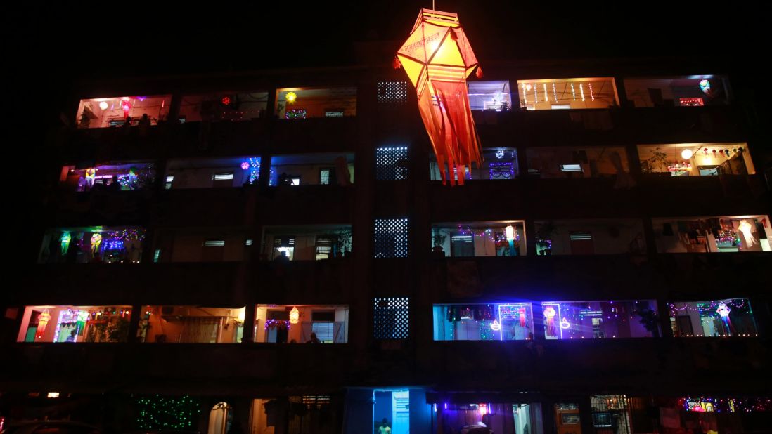 Homes are illuminated in Mumbai, India, on November 11. The festival symbolizes the victory of good over evil and light over darkness.