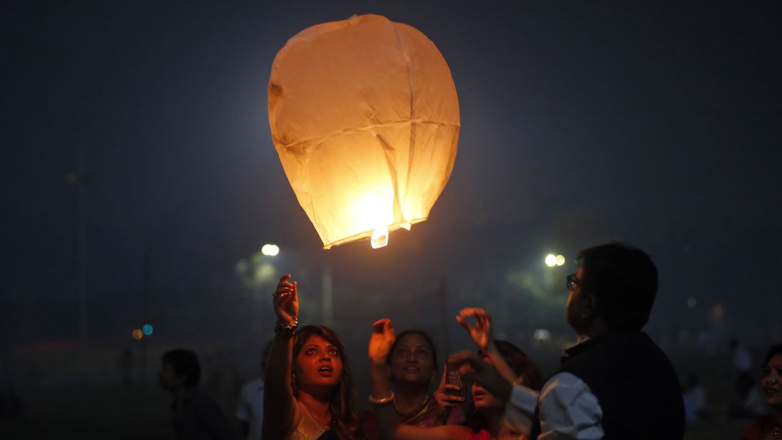 A sky lantern is released in Mumbai on November 11.