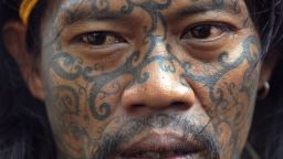 A tattoed Dayak tribesman from West Kalimantan in Borneo.    