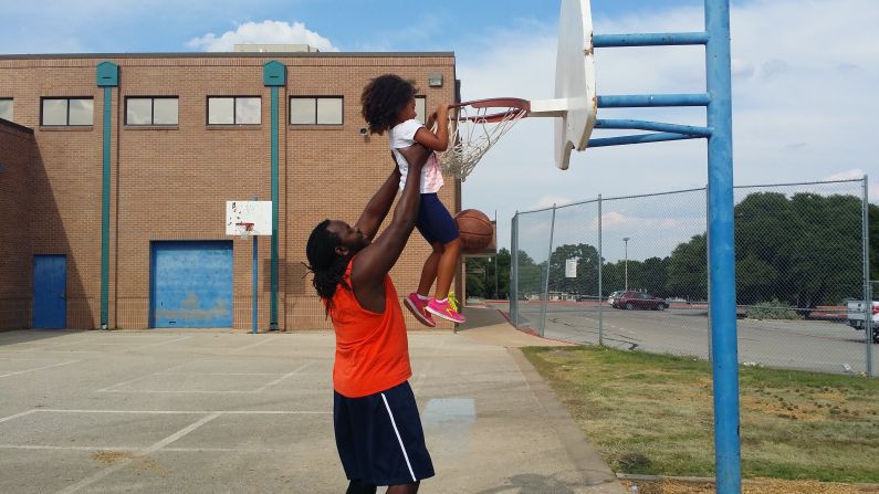 Chris plays basketball with Kaylee and helps her dunk the ball and make the game-winning shot, Garsee says.