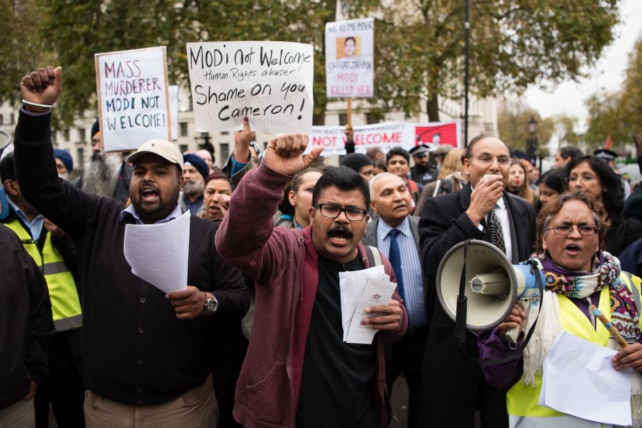 Protesters gathered outside Downing Street to protest Modi's visit.