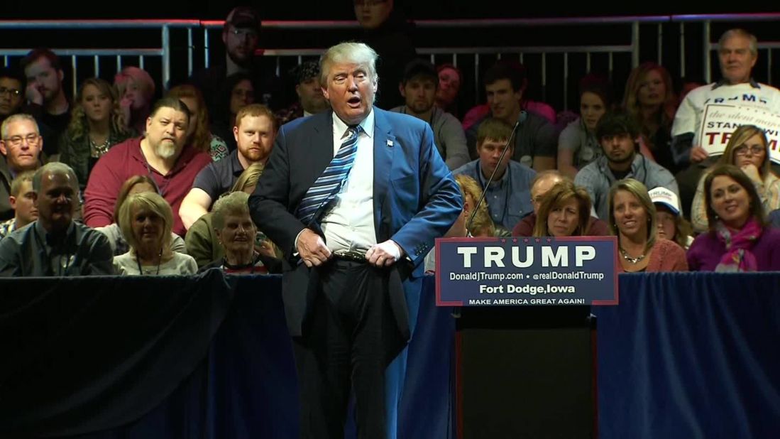Trump flips his belt buckle while slamming fellow Republican presidential candidate Ben Carson during <a href="http://www.cnn.com/2015/11/12/politics/donald-trump-ben-carson-iowa-belt-stupid/">a 95-minute tirade</a> on November 12. Trump mocked Carson's story that as a boy, he once tried but failed to stab someone only to have the knife broken by a belt buckle. "So I have a belt: Somebody hits me with a belt, it's going in because the belt moves this way. It moves this way, it moves that way," Trump told the crowd in Fort Dodge, Iowa.